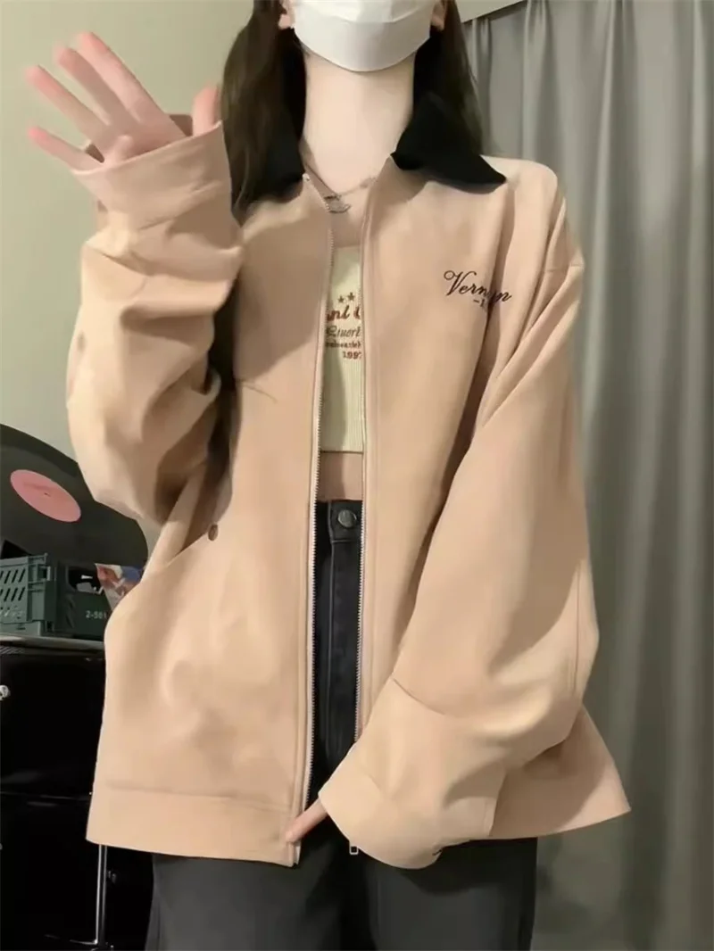 American Pink Suede Baseball Jacket for Women's 2024 Spring and Autumn New Loose and Design Sense Niche Trendy Cardigan Jacket S