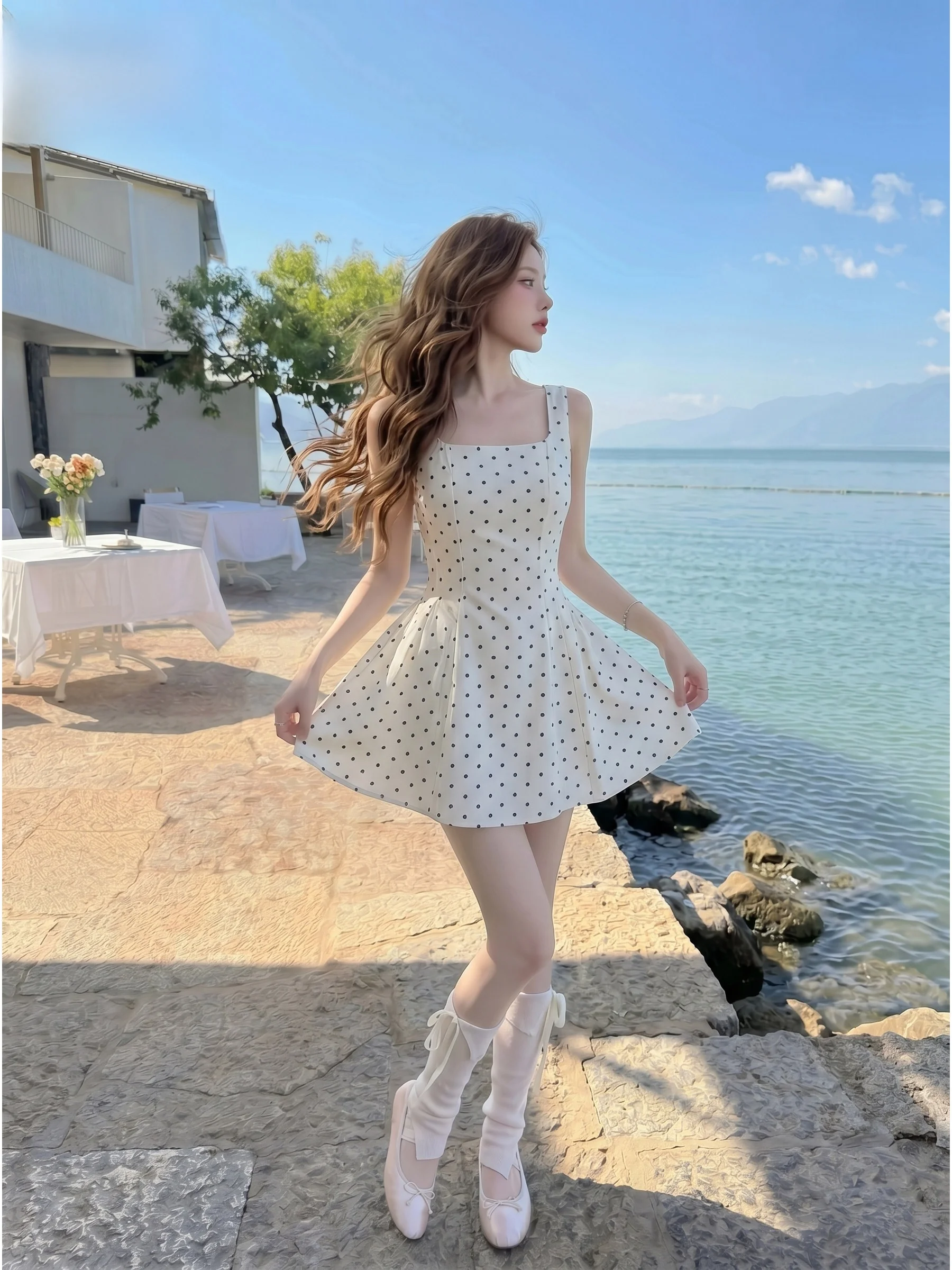 

Summer Polka Dot Bridesmaid Dress Women's Square Collar Puffy Short Skirt Gown Casual High Waist Gathered Slim Fit A-Line Dress