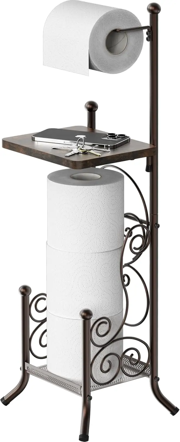 

Bronze English Style Bathroom Toilet Paper Holder with Shelf, Simple Houseware Stand for Tissue Rolls