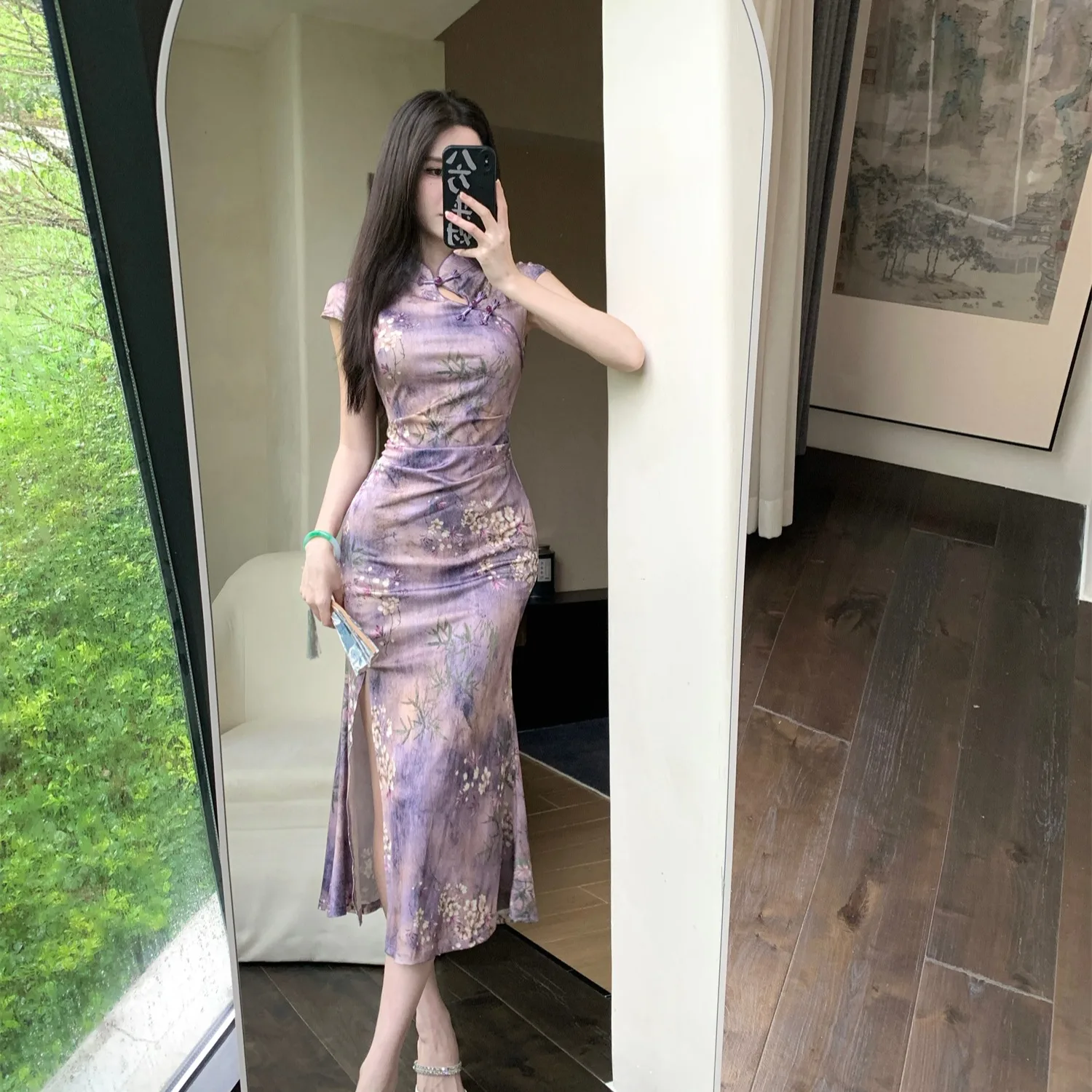 Retro Republic of Chi Improved  Print Split Pleated Dr ort Sve Mid-Length Chinese Sle Women's Faion