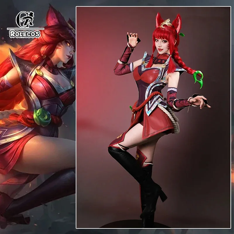 

ROLECOS LOL Foxfire Ahri Cosplay Costume Game LOL ASU Nine Tailed Demon Fox Ahri Outfit Halloween Women Suit