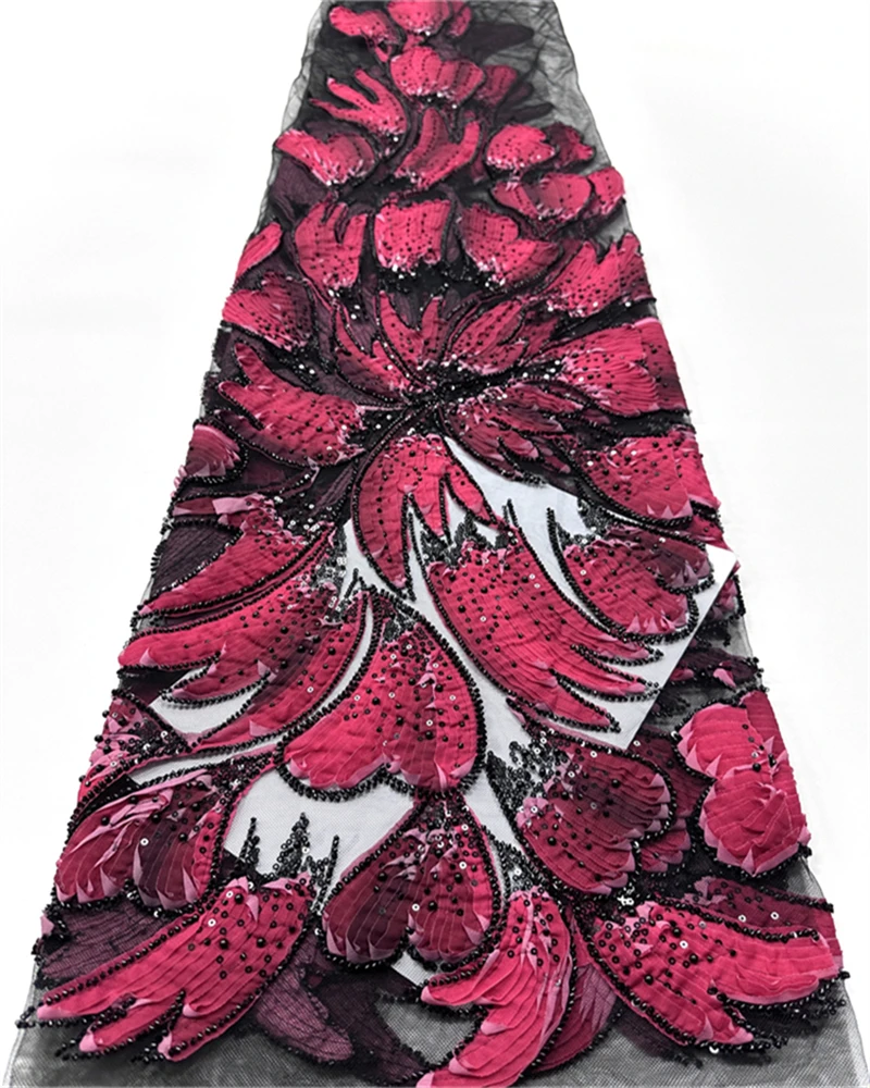 5ヤードの豪華でエレガントな手作り刺繍スパンコールビーズ付きレース、高品質のアフリカのスパンコールレース生地、ウェディング縫製用