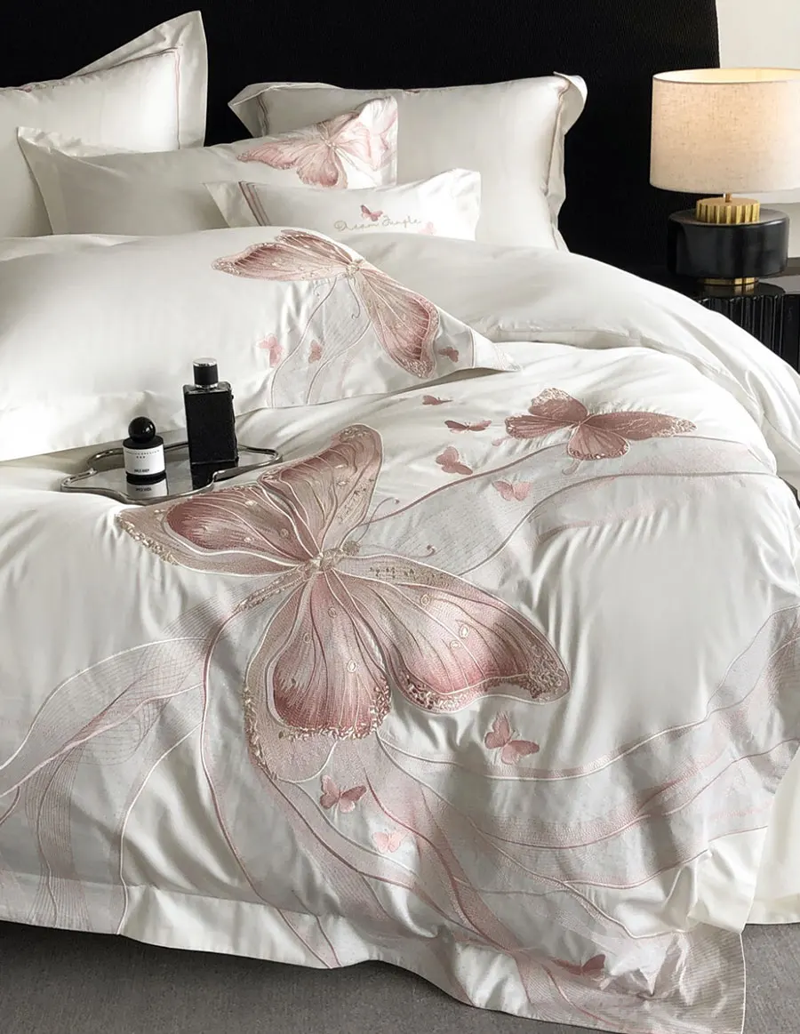 Romantic embroidery butterfly pink blue bedding set girl,full queen king cotton home textile bed sheet pillow case quilt cover