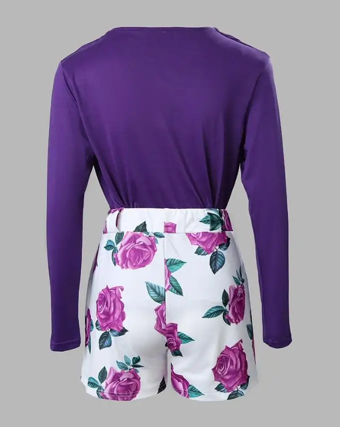 Conjunto de dos piezas para mujer, Top cruzado liso y pantalones cortos con estampado Floral, ropa informal a la moda para verano, 2023