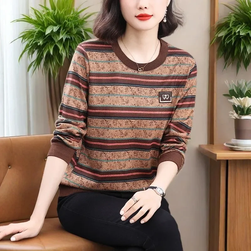Plus Size Women Striped Long Sleeve T Shirt Spring Autumn Casual Loose Basic Tee Top for Mom