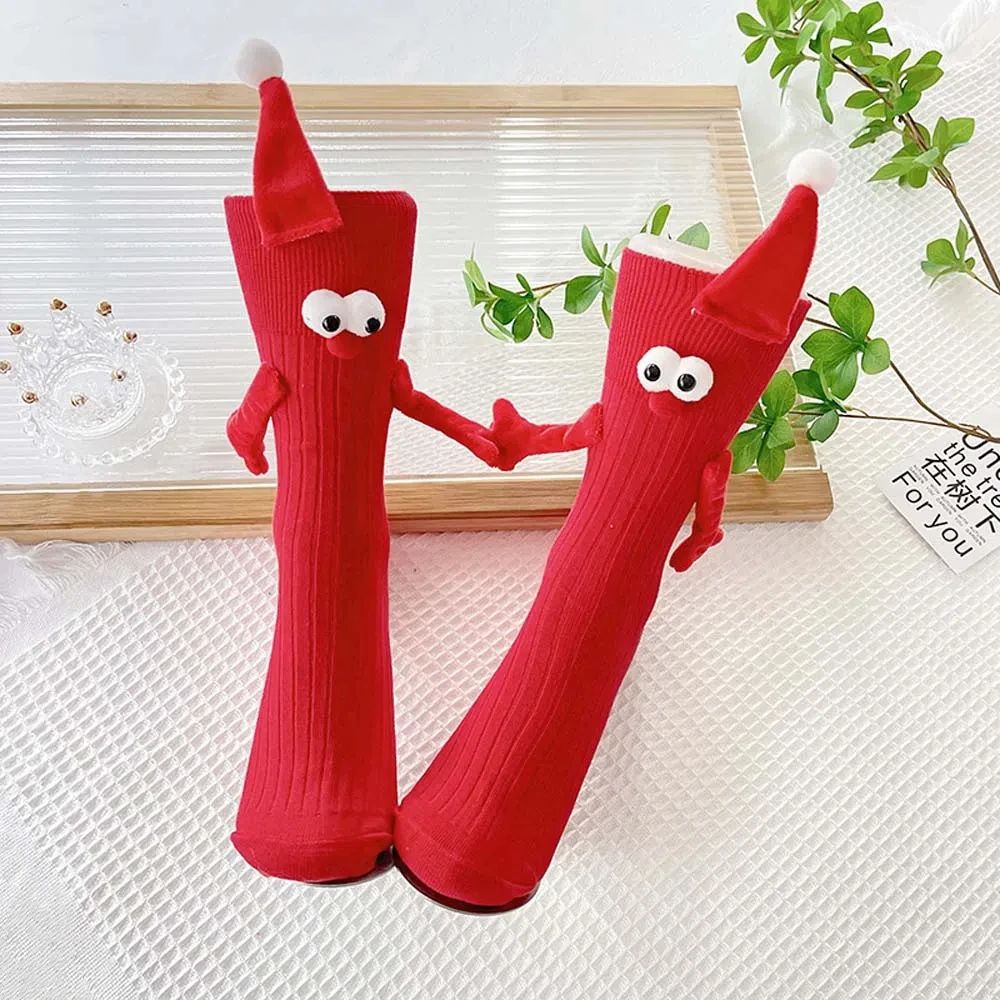 

With Hands Christmas Magnetic Stocking New Year Gifts Breathable Long Tube Hose Socks Cotton Sweat Absorbent Cartoon Xmas Socks