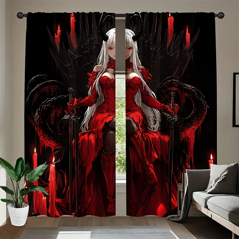 Large Anime Gothic Curtains Pair Red Fantasy Manga Window Drapes Decorative Room Decor Art Print Black Background Curtain Panel