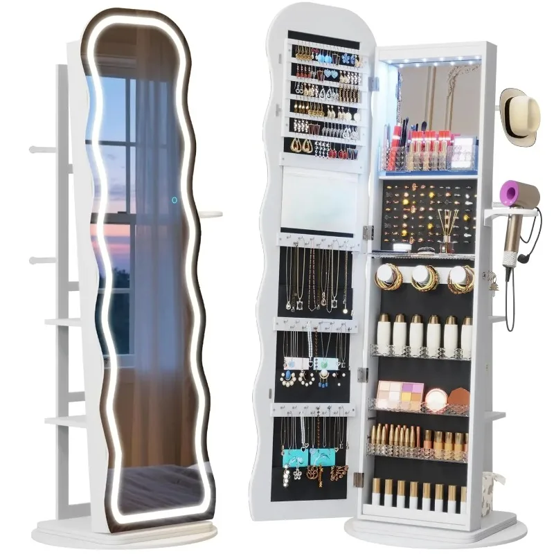 LED Mirror Jewelry Cabinet Standing, 360° Swivel Jewelry Aromire Organizer with Wavy Mirror, Lockable Jewelry