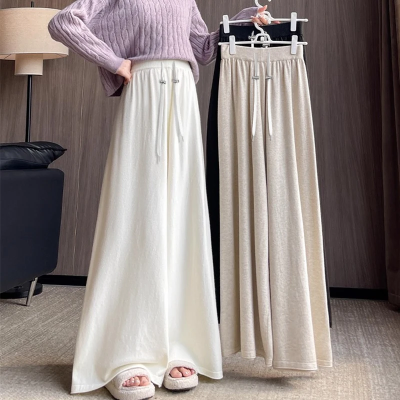 

Maternity Pants 2025 Autumn/Winter Knitted Soft Draping Wide-Leg Trousers Casual Non-Waistband Floor-Length Skirts Pregnancy