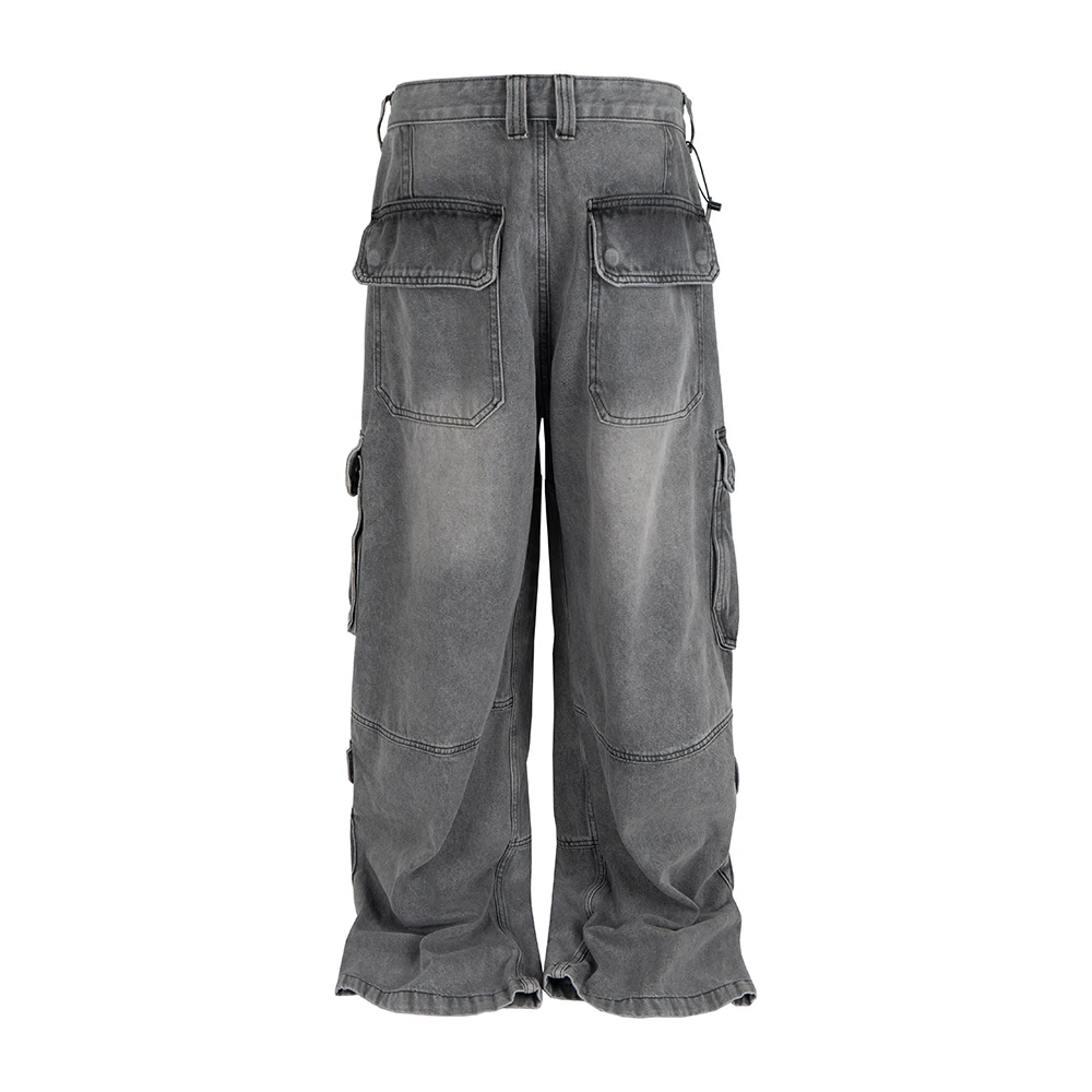 High Street Multi-pockets Washed Cargo Jeans Pants for Men and Women Straight Vintage Loose Casual Denim Trousers Oversized