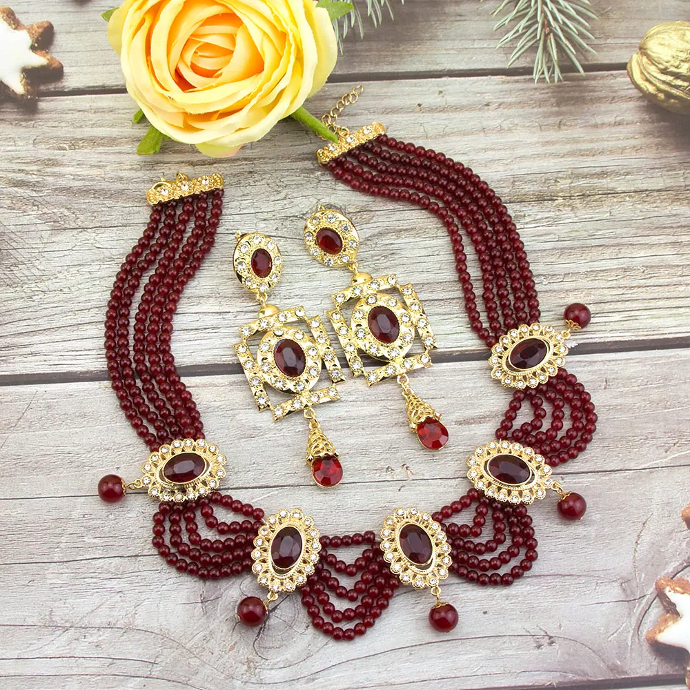 Sunspicems Fashion Algeria Morocco Jewelry Hand Bead Choker Necklace Earring Sets For Women Gold Color Arabic Bridal Bijoux