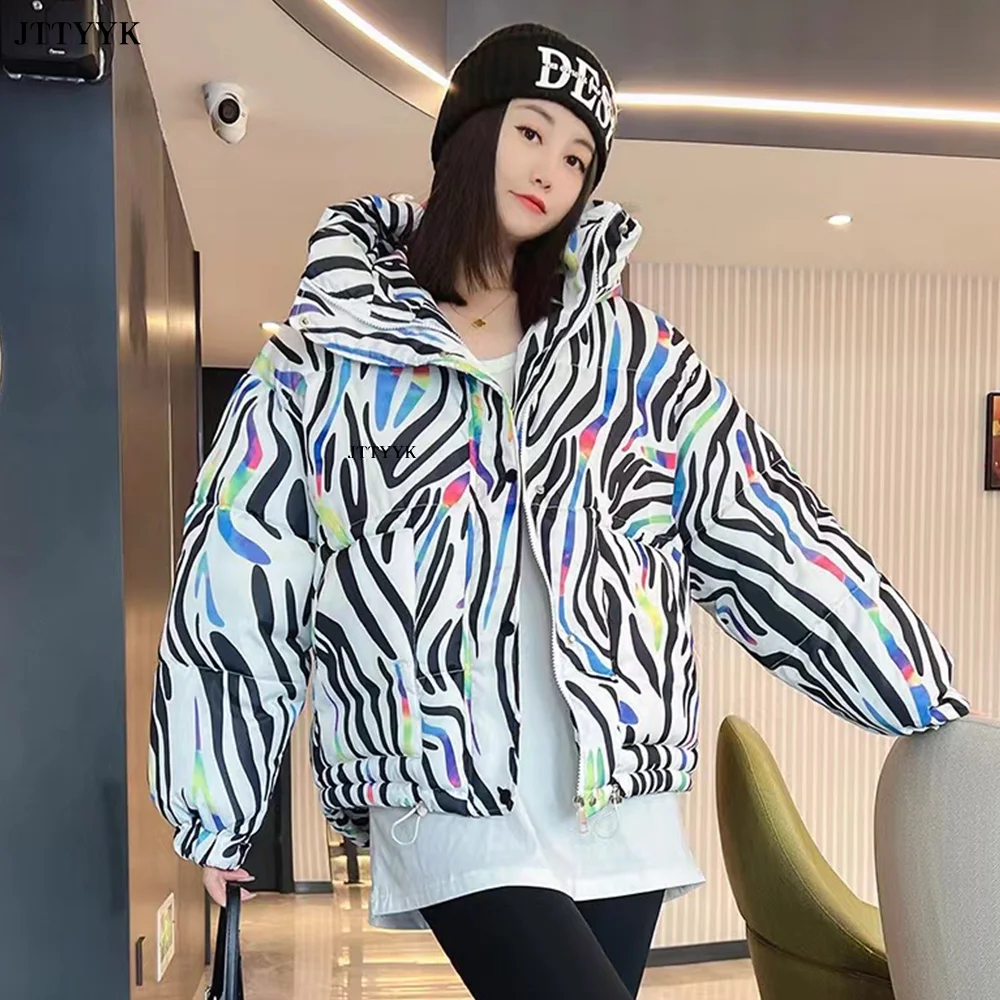 Warme Winter Donsjack Vrouwen 2024 Graffiti Print Mode Capuchon Korte Parka Meisjes Dikke Streetwear Hiphop Gewatteerde Jas Dames