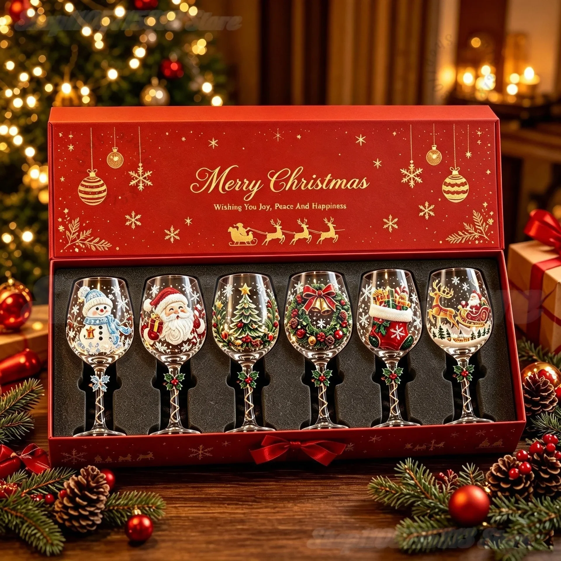 6Pcs Christmas Wine Glasses Gift Box Set Santa Snowman Tree Goblet Holiday Table Drinkware New Year Party Decoration Supplies