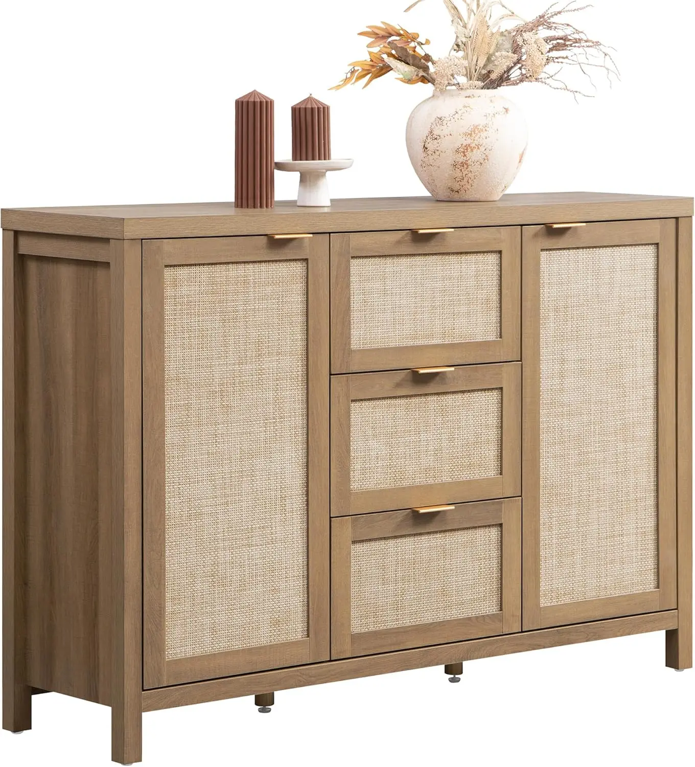Credenza a buffet in rattan con 3 cassetti e 2 ante, armadio portaoggetti in quercia caramello per soggiorno, cucina