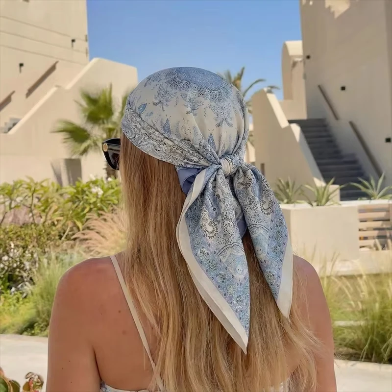Luxury Printing Silk Square Scarf Women Neck Hair Tie Band Beach Hijab Kerchief Head with Versatile Neck-wearing and High-end