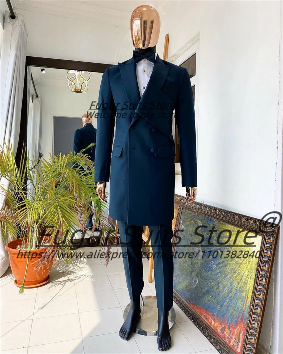 

Navy Blue Long Formal Prom Men Suits Slim Fit Double Breasted Groom Tuxedos 2 Pcs Sets Business Male Blazers trajes para hombre