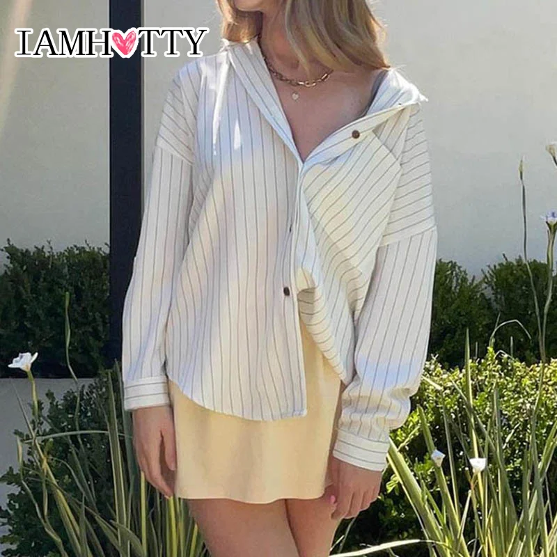 IAMHOTTY Chic Elegant Striped Blouses Autumn Spring Casual Basic Loose Shirts White Button-up Long Sleeve Tops High Street Tees