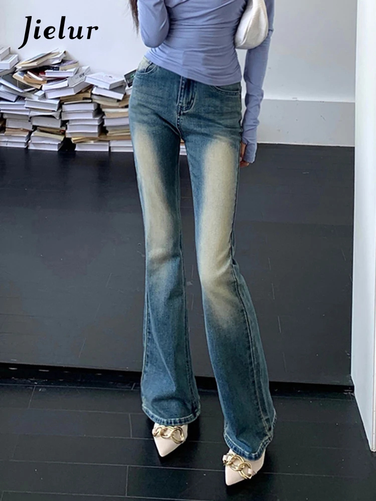 

Jielur Spring New American Style Vintage Cotton Jeans Slim Fashion Slight Stretch Demin Female Flare Pants Casual Office Ladies