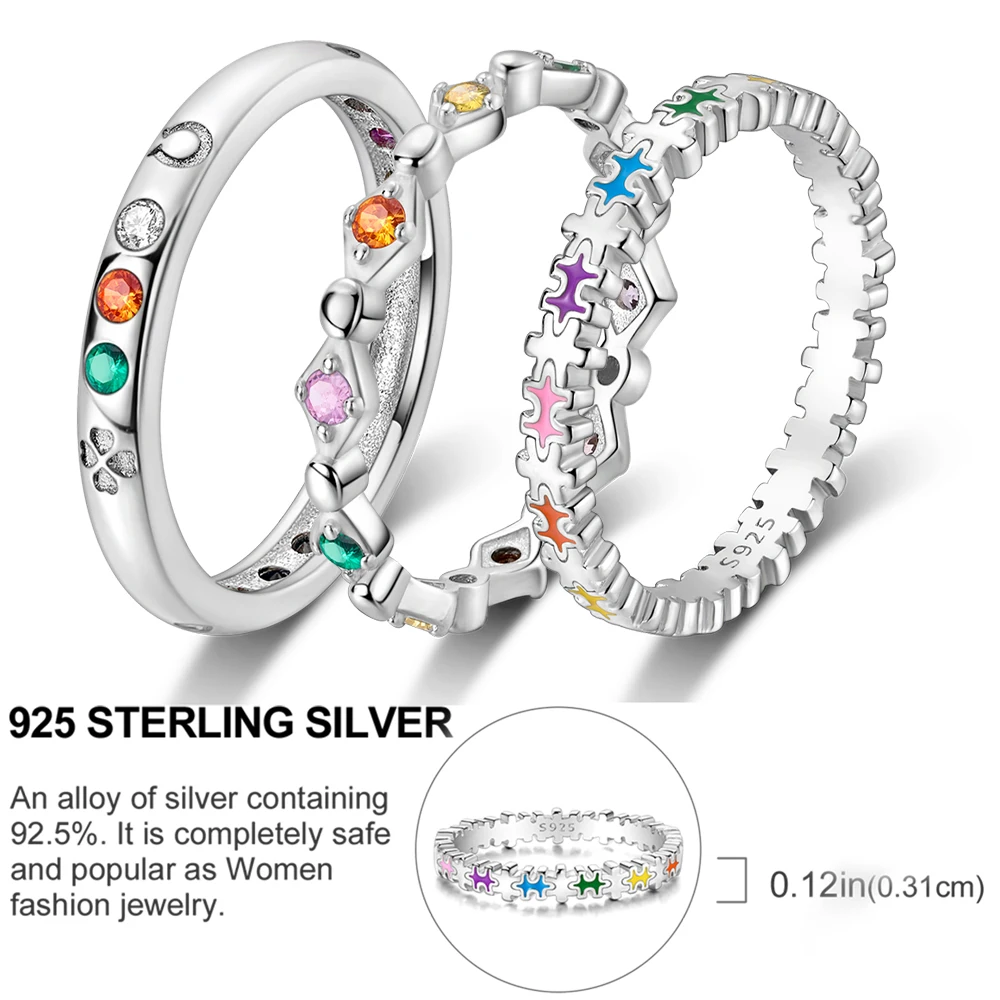 New Pattern 925 Sterling Silver Colorful Puzzle and Diamond Shaped&Symbol Ring Beautiful Girl Fashion Jewelry