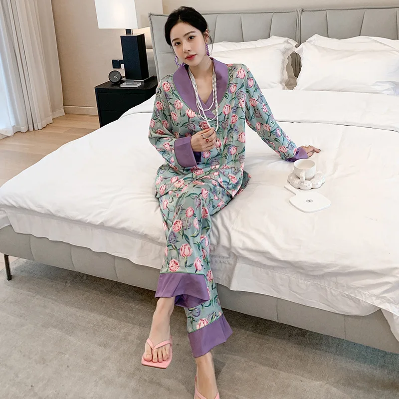 Autumn Ice-Silk Pajamas Women's Long Sleeve Abstract Pattern Home Clothing Lapel Printing Pijamas Women Trousers Pijama Mujer