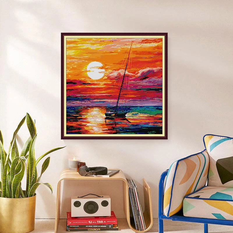 Joy Sunday Landscape Cross Stitch Kits Sunset Scenery Pattern Home Decor 14ct 11ct Painting Embroidery Set DMC Printed Canvas