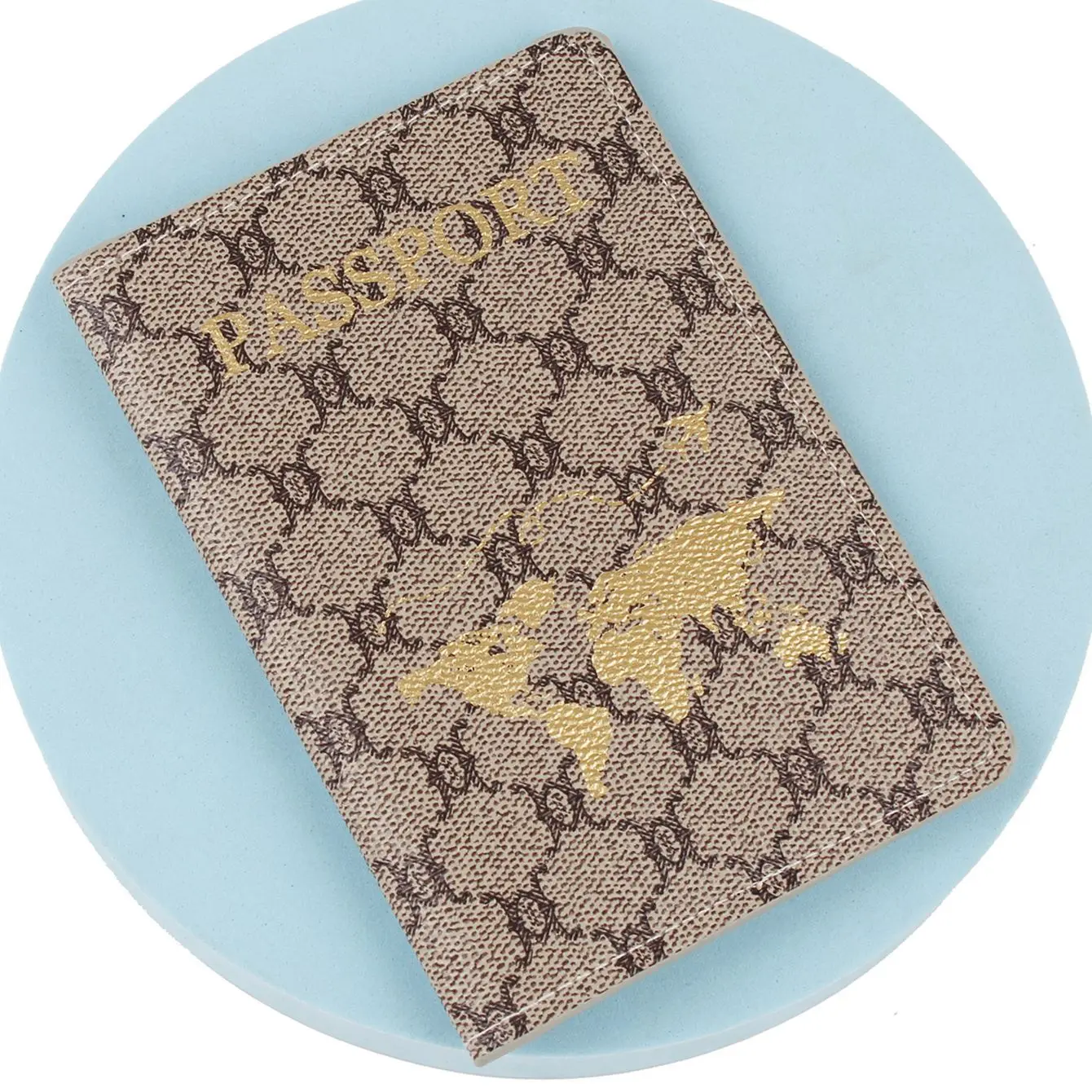 حامل جواز سفر من جلد البولي يوريثان، شعار قابل للاستبدال، خريطة ذهبية، غطاء جواز سفر، نمط حضري بسيط، قابل للتنفس، مقاوم للماء...