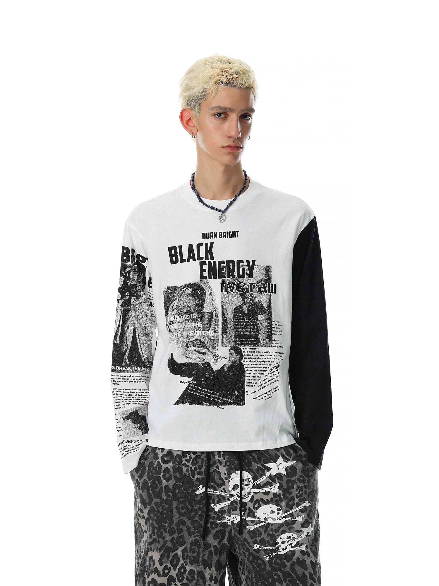 Loose Fit American Style Streetwear T-Shirt Men's Long Sleeve Newspaper Print Contrast Color Design Breathable Cotton Top