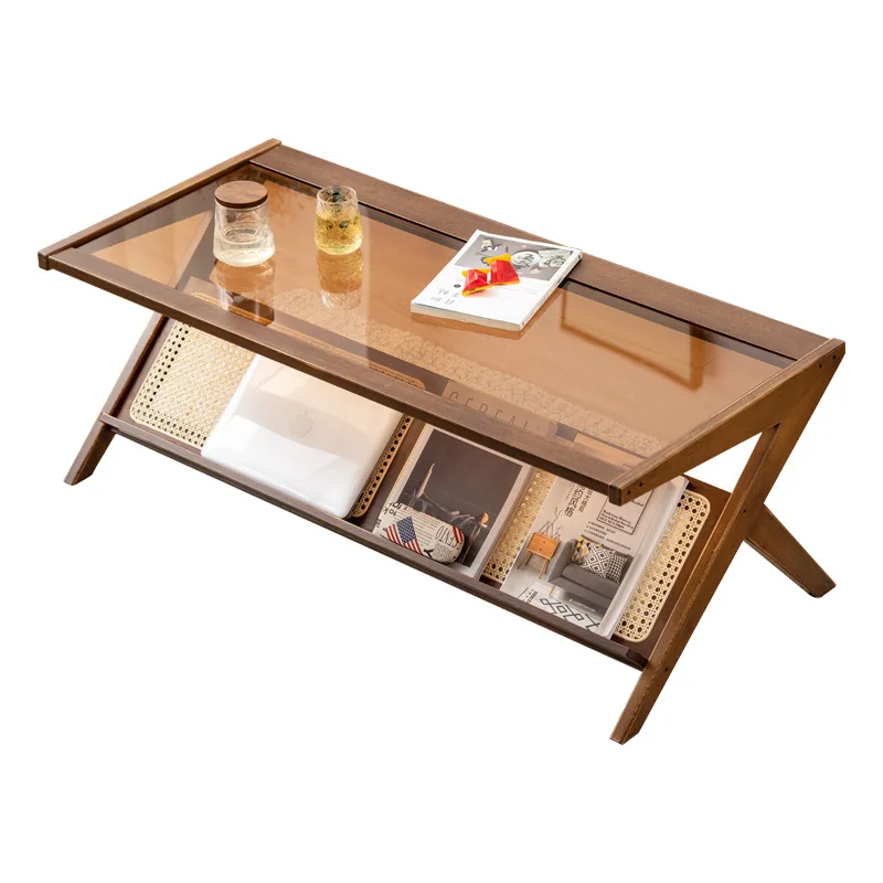 

Coffee table, living room, household, small apartment, retro color, rattan, glass