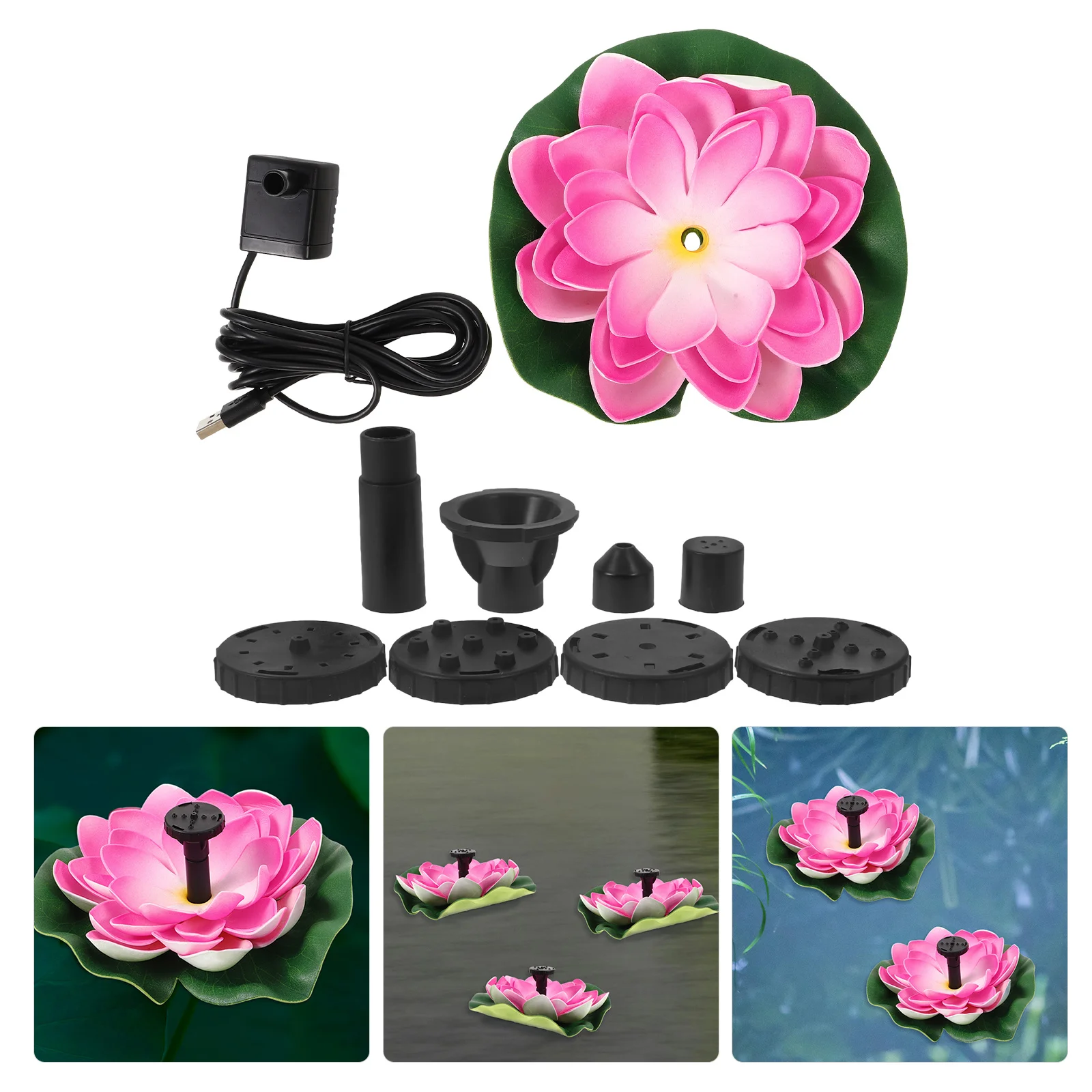مجموعة واحدة من نافورة اللوتس العائمة المقاومة للماء لتزيين بركة الحديقة الخارجية، ميزة مياه بمناظر طبيعية حمام الطيور قابلة لإعادة الشحن عبر USB #1