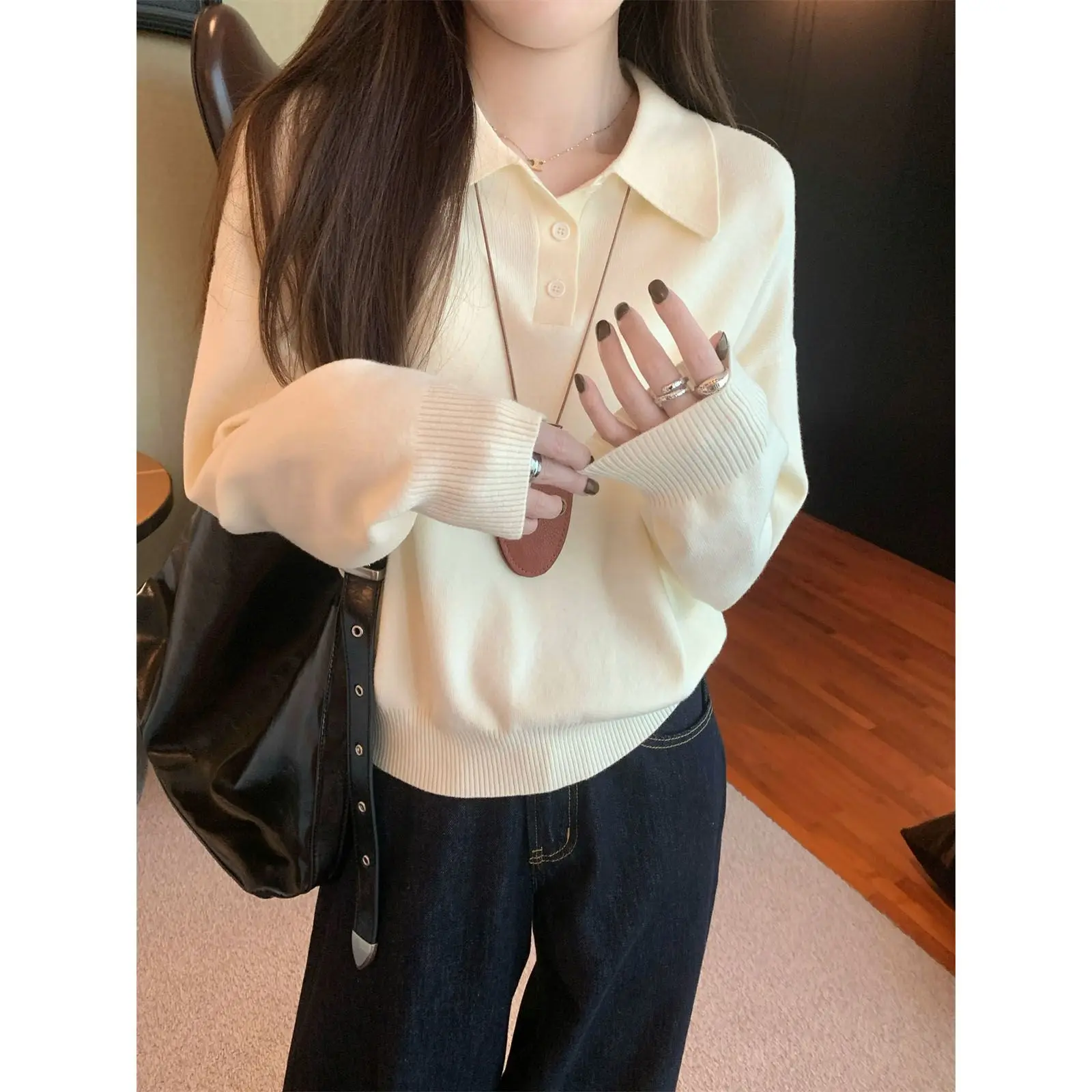 

2026 New Arrival Women's Korean Style Knit Top Polo Neck Relaxed Fit Lazy Layering Sweater for Spring