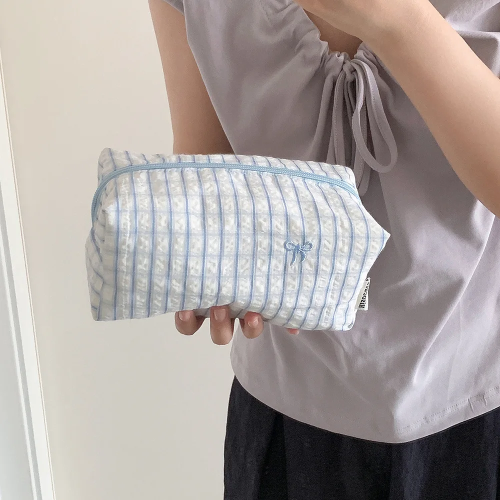 1pc Solid Color Simple Stripe Square Pencil Case Student School Stationery Fashion Girls Large Capacity Storage Makeup Bag Gifts