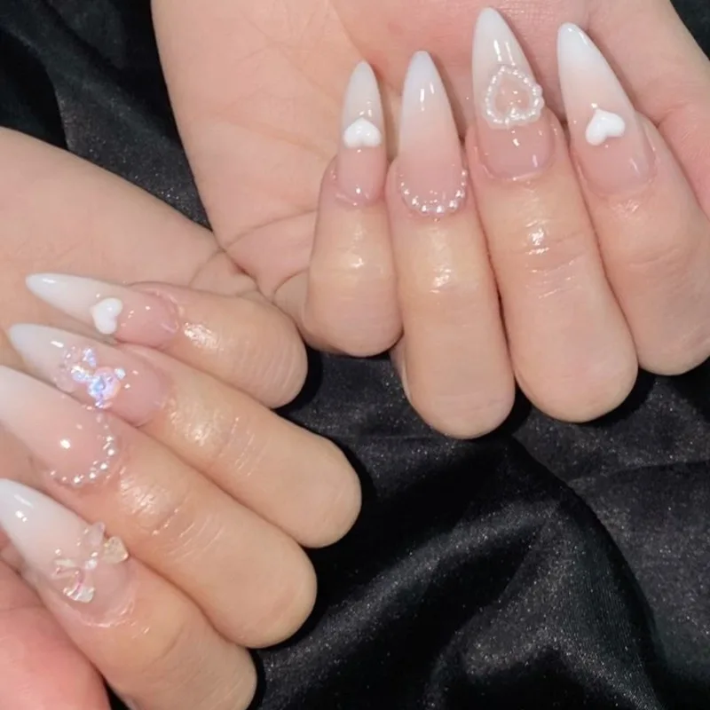 

24 Pcs Reusable Adhesive Press on Acrylic Nails with Glue Gradient Fake Nail for Girls Pearl 3D Bow Almond Nail Tips Wholesale