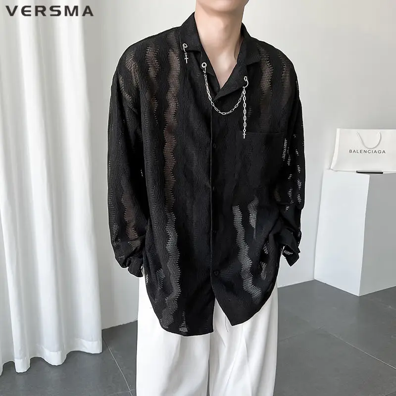 VERSMA Japanese Solid Color Cutout Lace Fairy Shirt Men Summer Mesh Sun Protection Long Sleeve Oversize Shirt Women Dropshipping