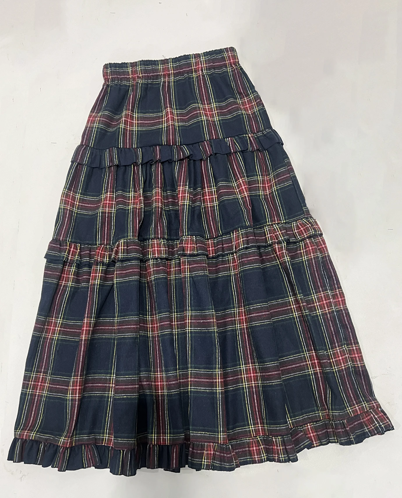 Women's Plaid Maxi Skirt, Ruched & Ruffled Design, Elastic Waist Casual Elegant Long Skirt