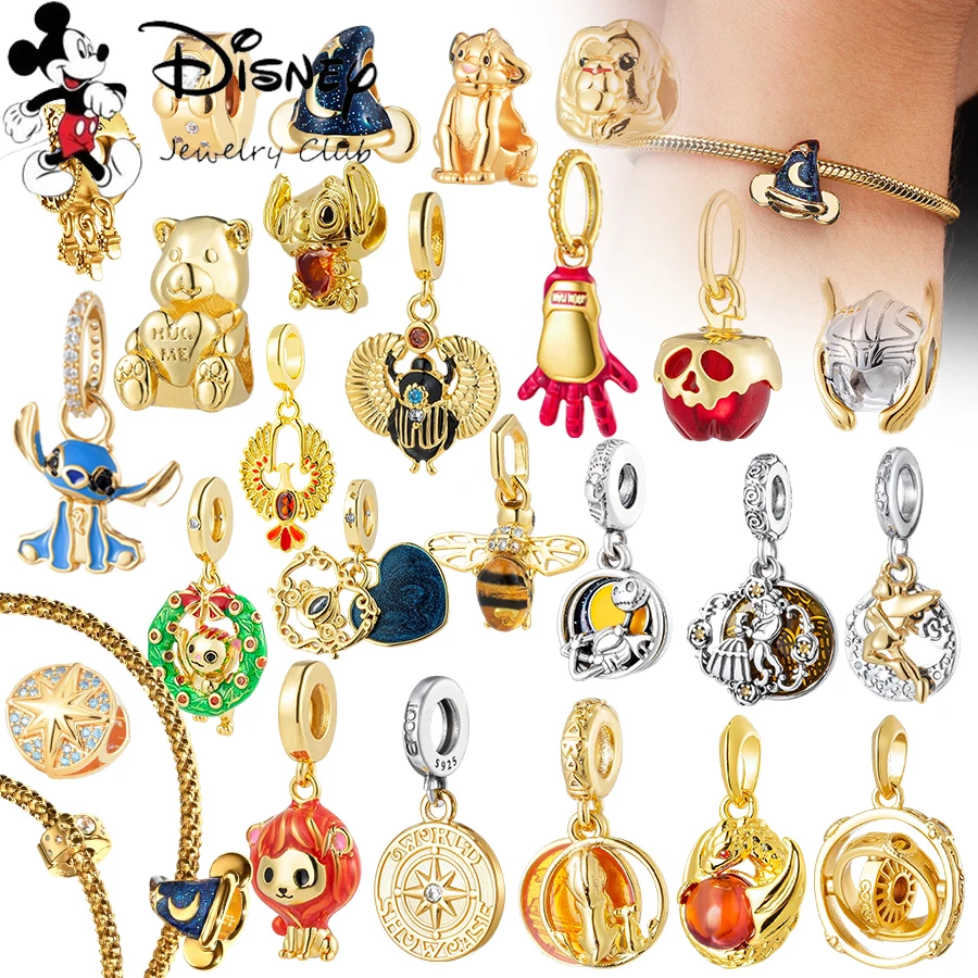 

2026 Disney New 925 Sterling Silver Gold Charms for Bracelet Stitch Bear Apple Beads Pendant DIY Jewelry Making Gift for Women