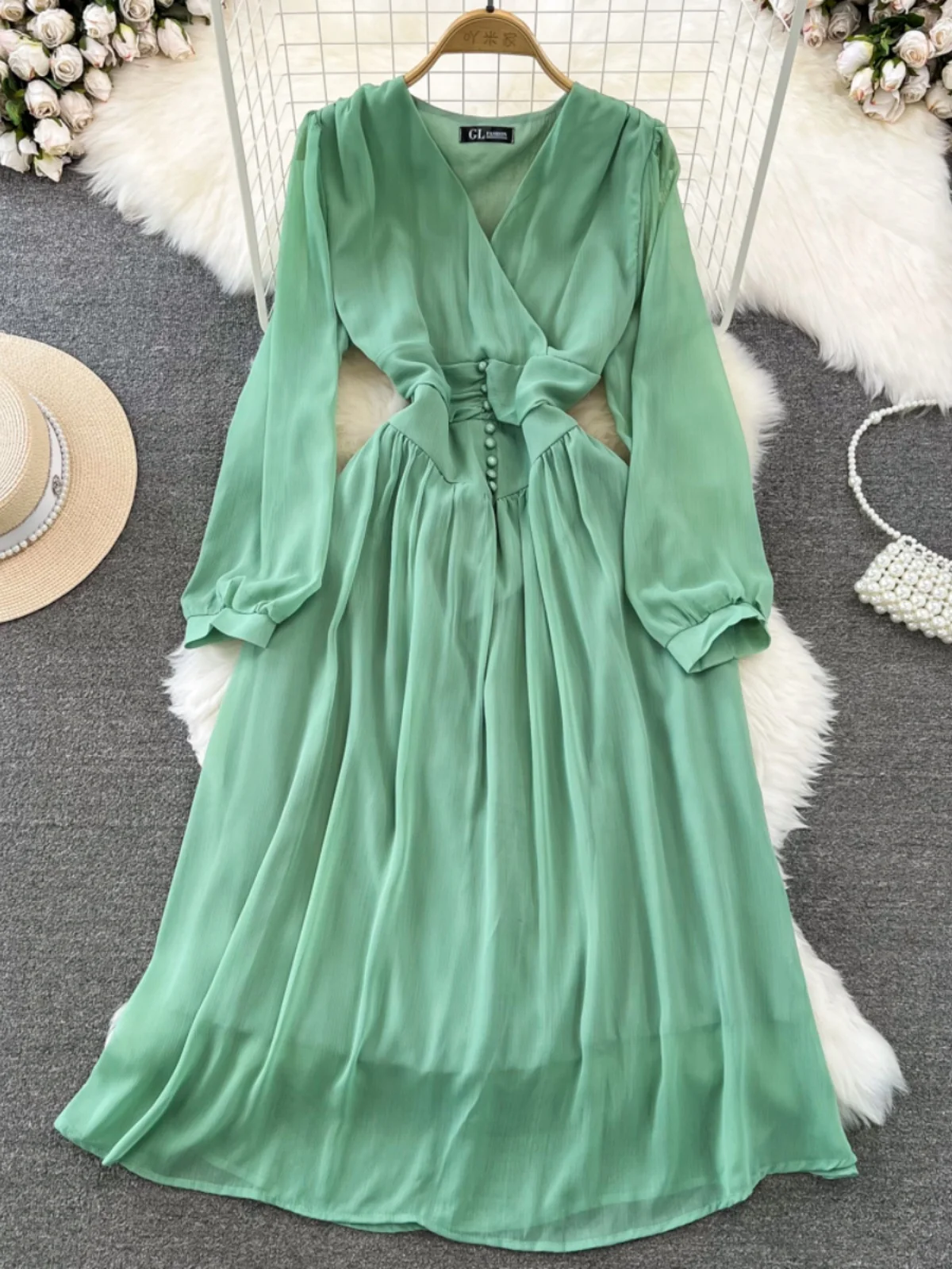 Primavera Autunno Pausa tè Gentle Wind Bubble Long Sve V Ne Vita stretta Slim a Line Chiffon Dr Pendolarismo Colore puro Midi...