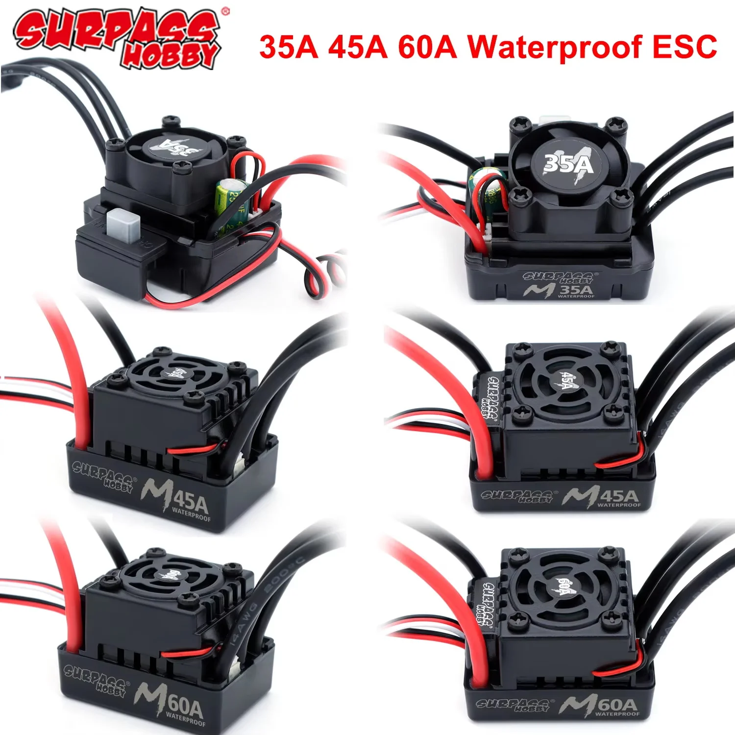 Surpass Hobby M 35A 45A 60A Waterproof ESC T/XT60 Plug 2-3S Speed Controller for 1/10 1/12 1/14 1/16 RC Car Brushless Motor