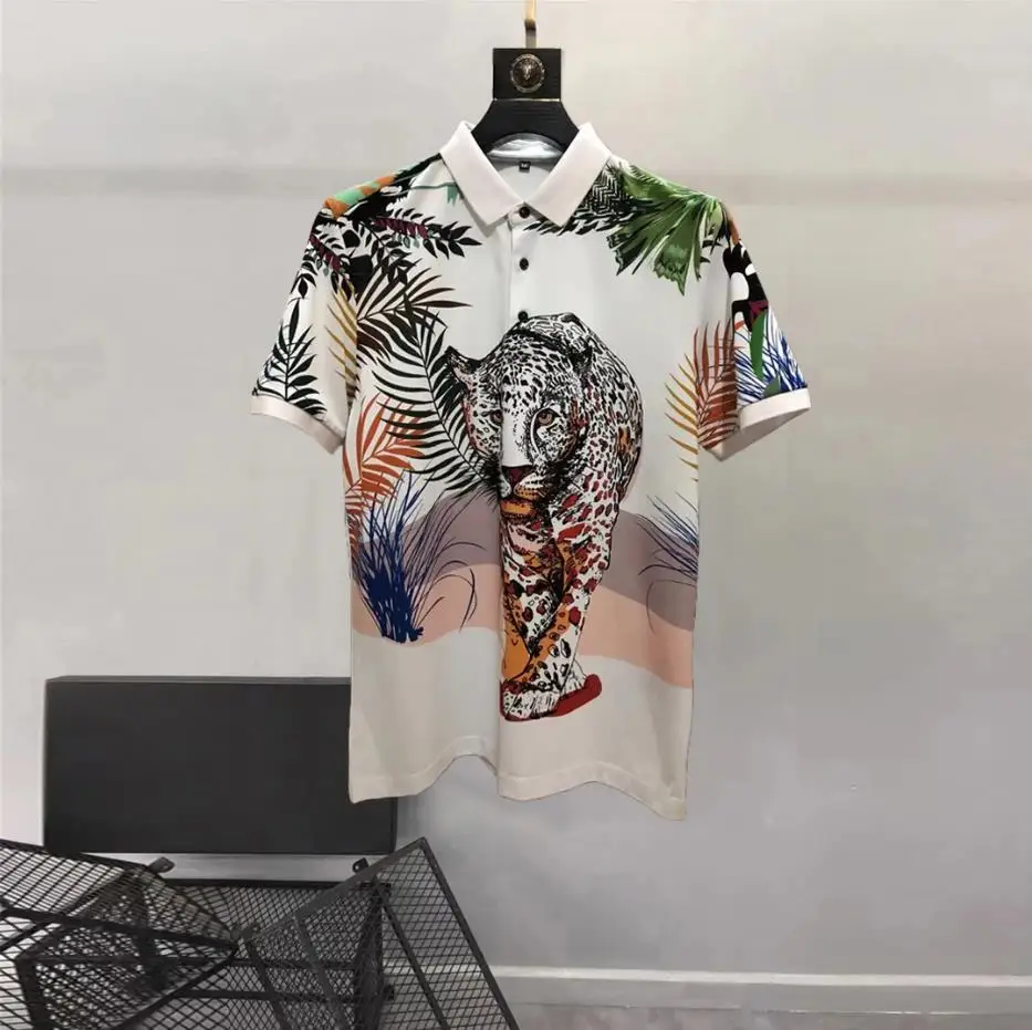 European and American men\'s wear summer 2022 new Short sleeve lapel royal animal print Fashion cotton T-shirt