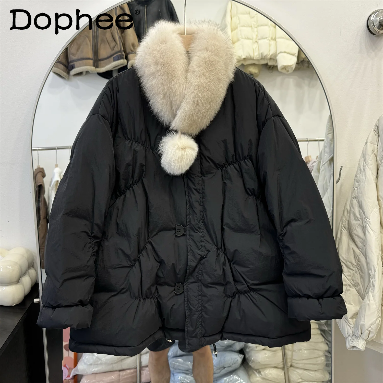 Down Jacket Women's Short Round Neck Fox Hairball Thickened Loose Wrinkled Korean Version Commuter Style White Duck Down Jacket