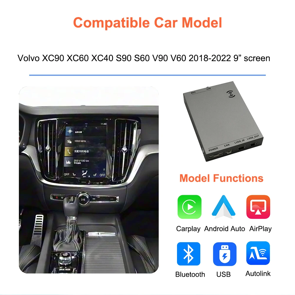 Bonroad Wireless Carplay Android Auto OEM Screen Upgrade Decoder Box For Volvo S80 V40 S60 XC60 V60 V90 XC90 Airplay Autolink Module Interface
