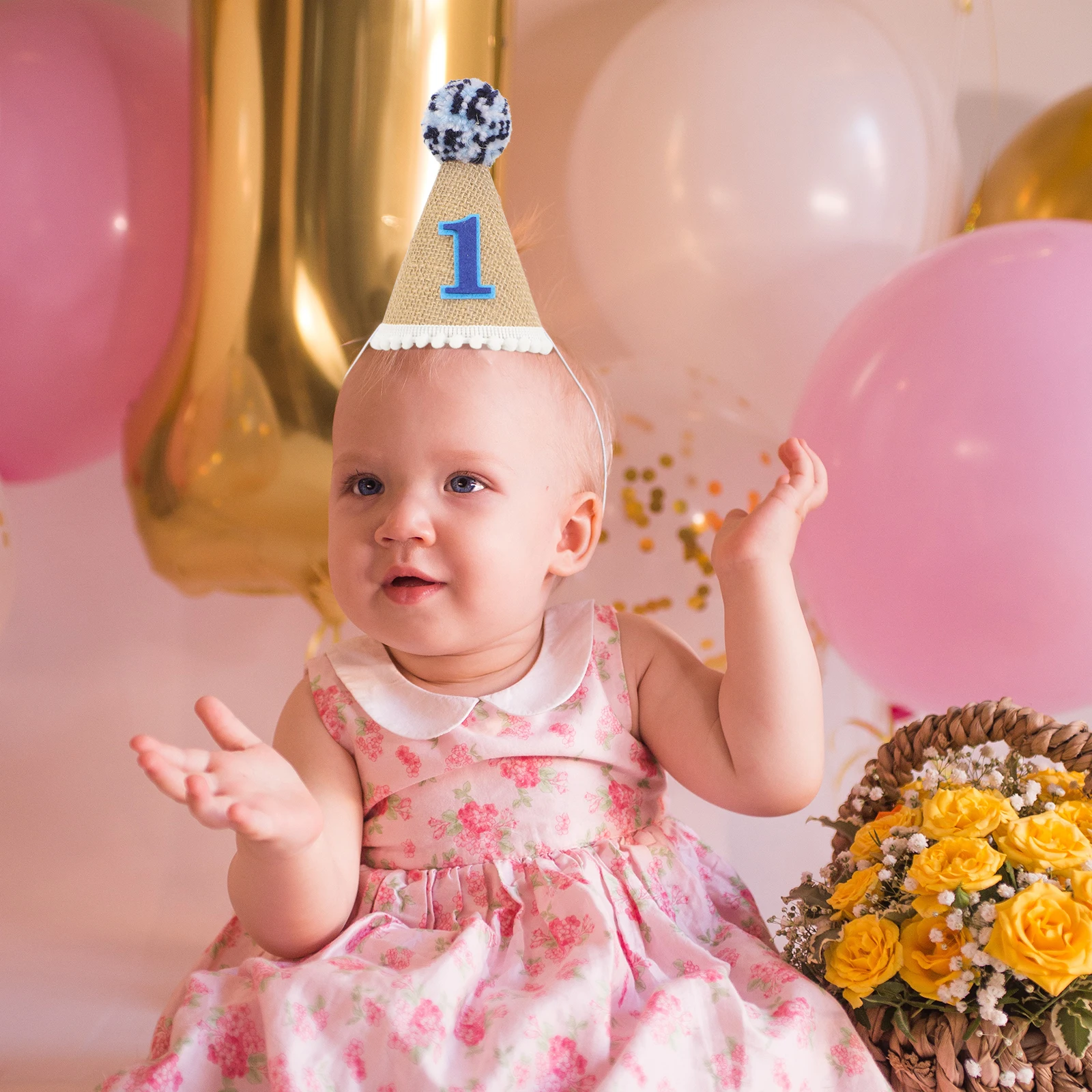 

Party Hat Kids Cute Baby First 1st Birthday Hat Headband Linen Photo Booth Props Toddler Celebration Pink Birthday