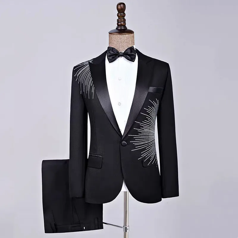 

Men's Sequins Suit Shiny Black Blazer Pants 2 Pieces Set Wedding Groom Formal Dress Suit Singer Chorus Evening Party Outfit