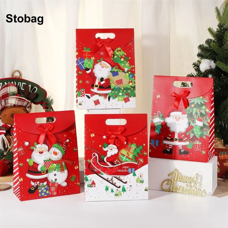 

StoBag 12pcs Merry Christmas Flipped Bow Kraft Paper Gift Tote Box Children Kids Packaging for Candy Sweets Storage Party Favor