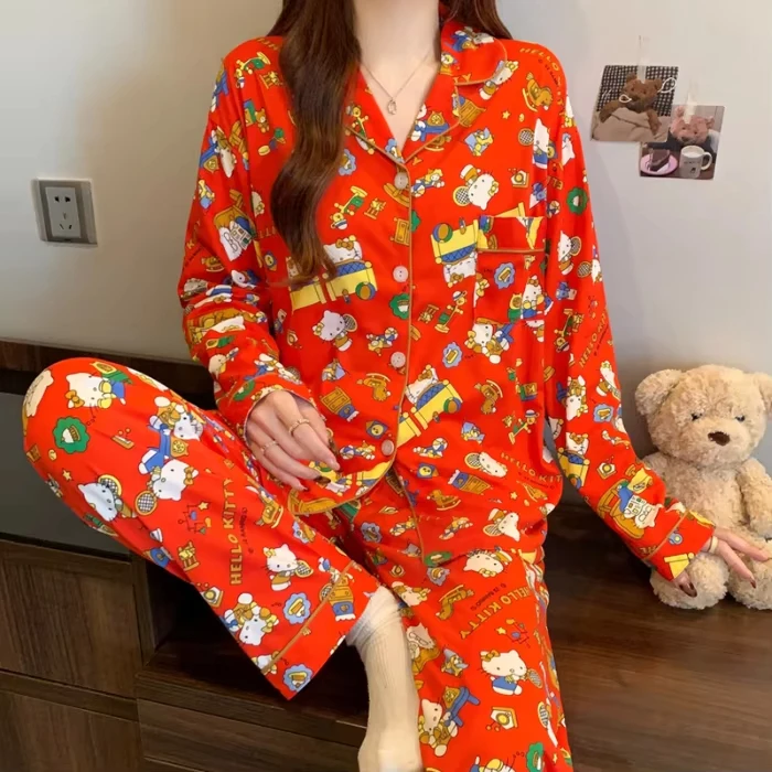 Bonito olá kitty conjunto de pijama vermelho presente de natal manga longa outono loungewear pijamas confortáveis homewear pijamas femininos