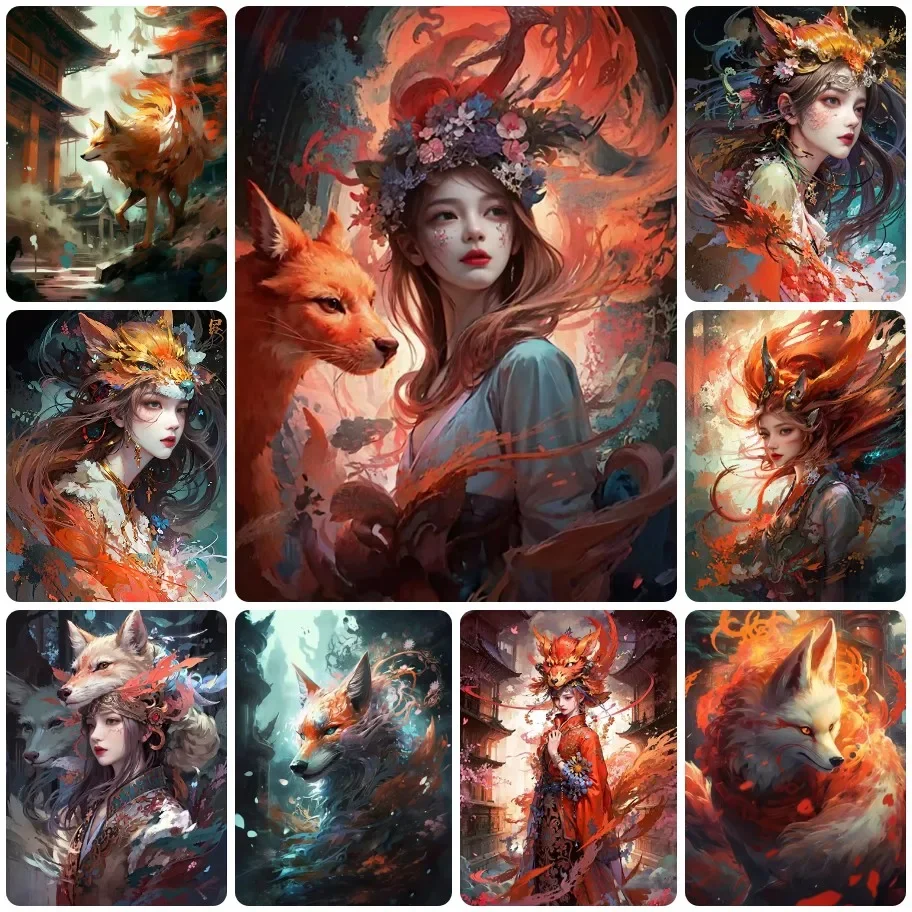 5D DIY Ancient Nine Tailed Fox Lady Diamond Painting,Red Fox Floral Portrait Set, Great for Living Room Wall Decor and Gifts