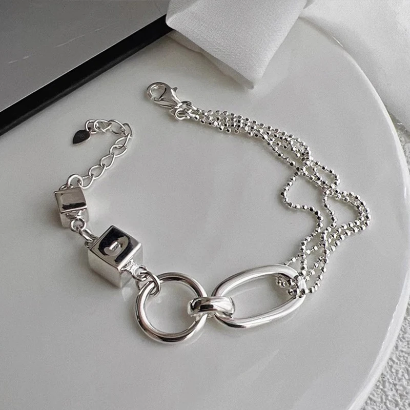 Foxanry Minimalist Asymmetric Chain Bracelet for Women Couples Fashion Creative Double-layered Geometry Handmade Party Jewelry