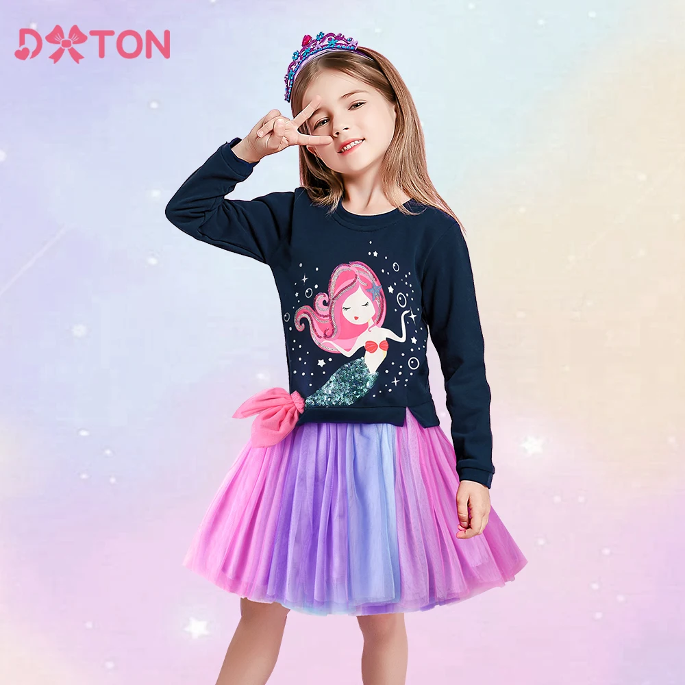 

DXTON Children Sweater Dress For Girls Mermaid Patchwork Princess Tutu Dress Toddler Winter Clothing Cartoon Casual Girl Dress