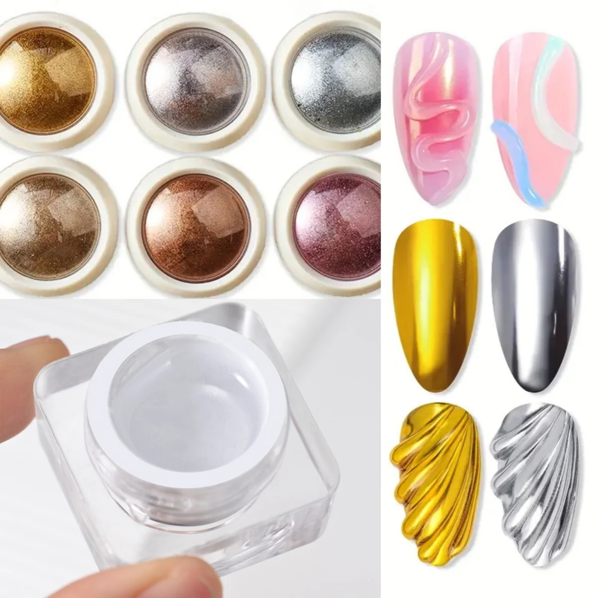 7 قطعة ثلاثية الأبعاد مسمار الفن النحت هلام مجموعة 6 قطعة مسمار معدني بريق مسحوق + 1 قطعة 8 جرام موجة صب النحت جيل للأظافر طقم أظافر *