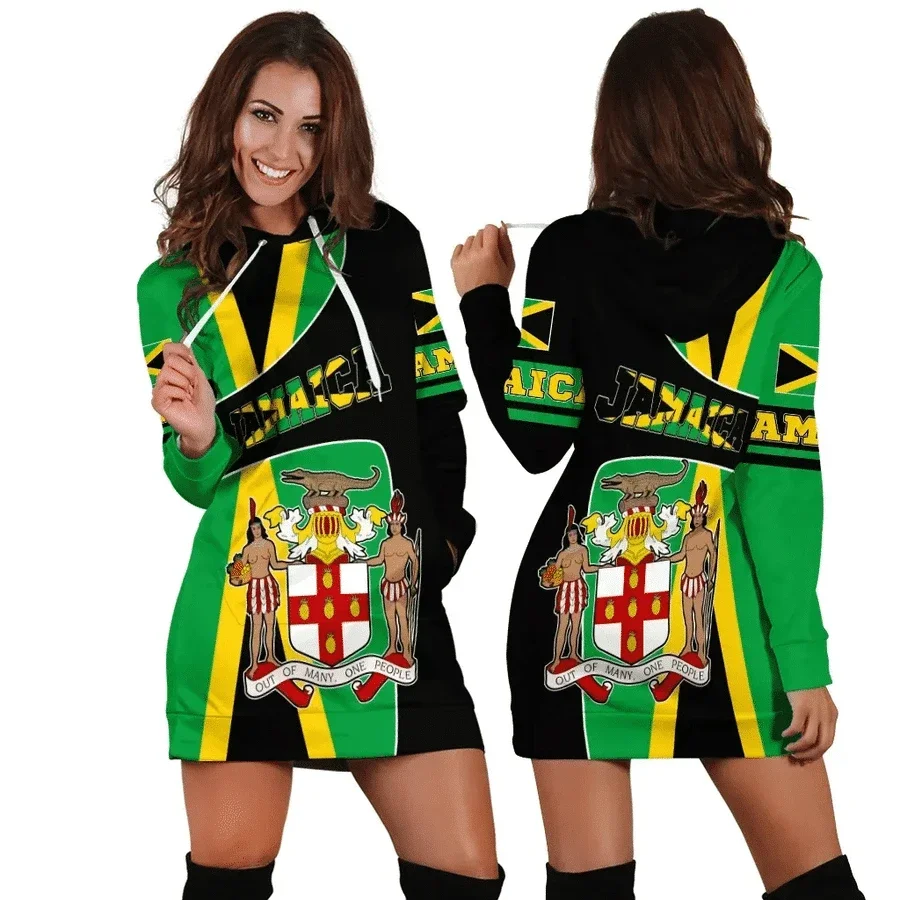 JAMAICA Emblem Country Flag New Harajuku Novelty 3D Print Autumn Hoodie Dress Women Casual Wear Long Sleeve Hooded Dress