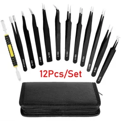 12Pcs/Set Precision Tweezers ESD Anti-static Stainless Steel Elbow Straight With Bag Repair Maintenance Tool Industrial Tweezers